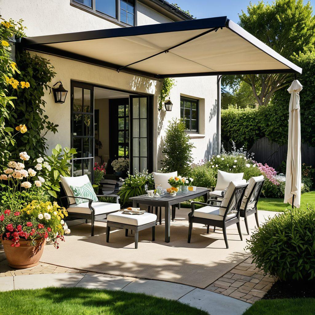 An inviting outdoor space featuring a stylish awning providing shade over a cozy patio set with cushions. Sunlight filtering through the fabric, creating dappled shadows on the ground. In the background, a landscaped garden with blooming flowers and green grass suggests an oasis. A visible insurance document or policy checklist emphasizes protection. Bright and cheerful atmosphere, highlighting relaxation and safety. super-realistic. vibrant colors. peaceful setting.