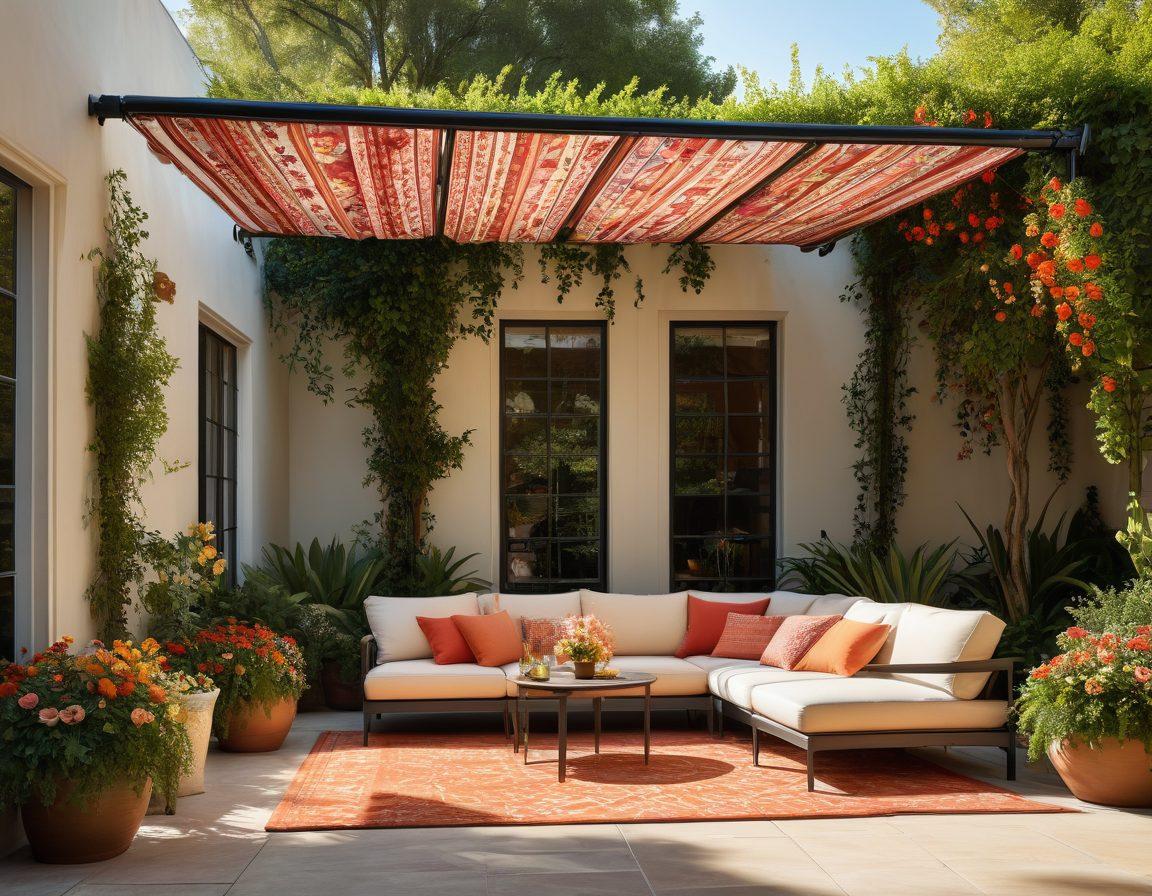 A beautifully designed outdoor space featuring various types of awnings, casting delightful shadows on a stylish patio with a cozy seating area. Sunlight filters through the fabric, highlighting lush greenery and vibrant flowers around. A subtle infographic element illustrates the benefits of sun protection solutions. The scene invites a sense of comfort and sophistication. super-realistic. vibrant colors. natural light.